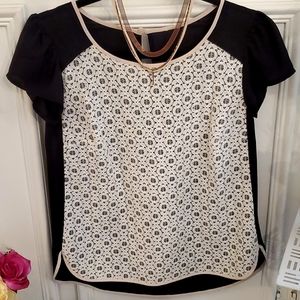 LC Lauren Conrad Black blouse with White & Ivory Lace Detail